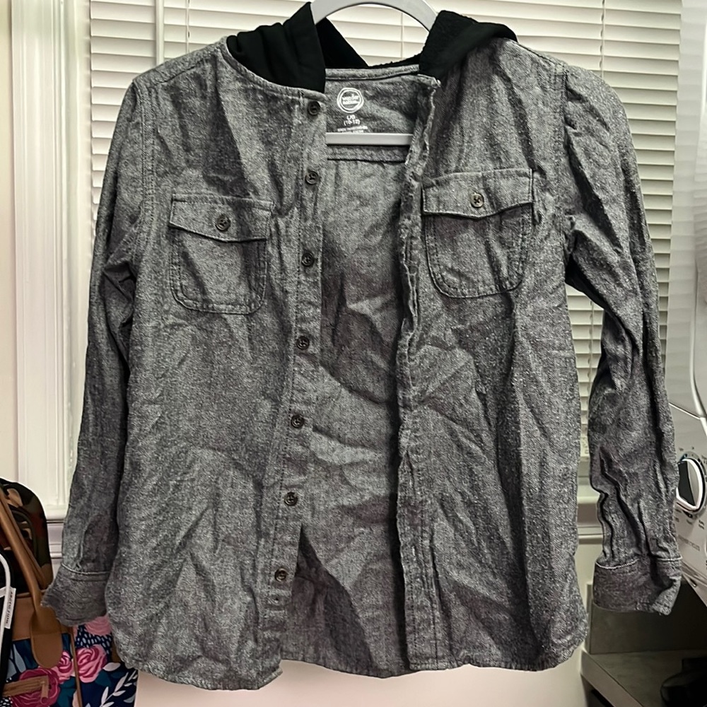 Boys button up grey shirt, with black hood size large 10-12